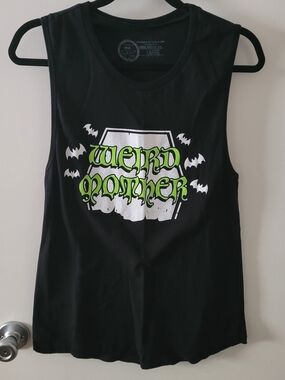 Black Sleeveless Tee with "Weird Mother" Green & White Graphic